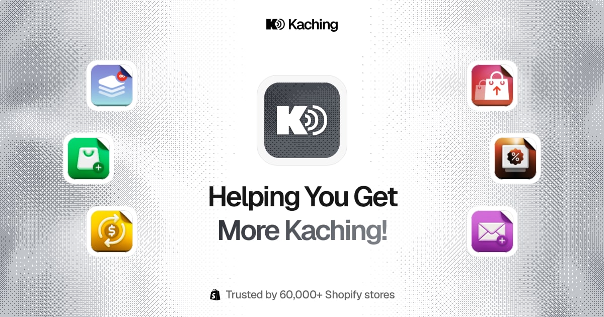 The Kaching share card: Helping You Get More Kaching!, with the six app icons on a grey dither